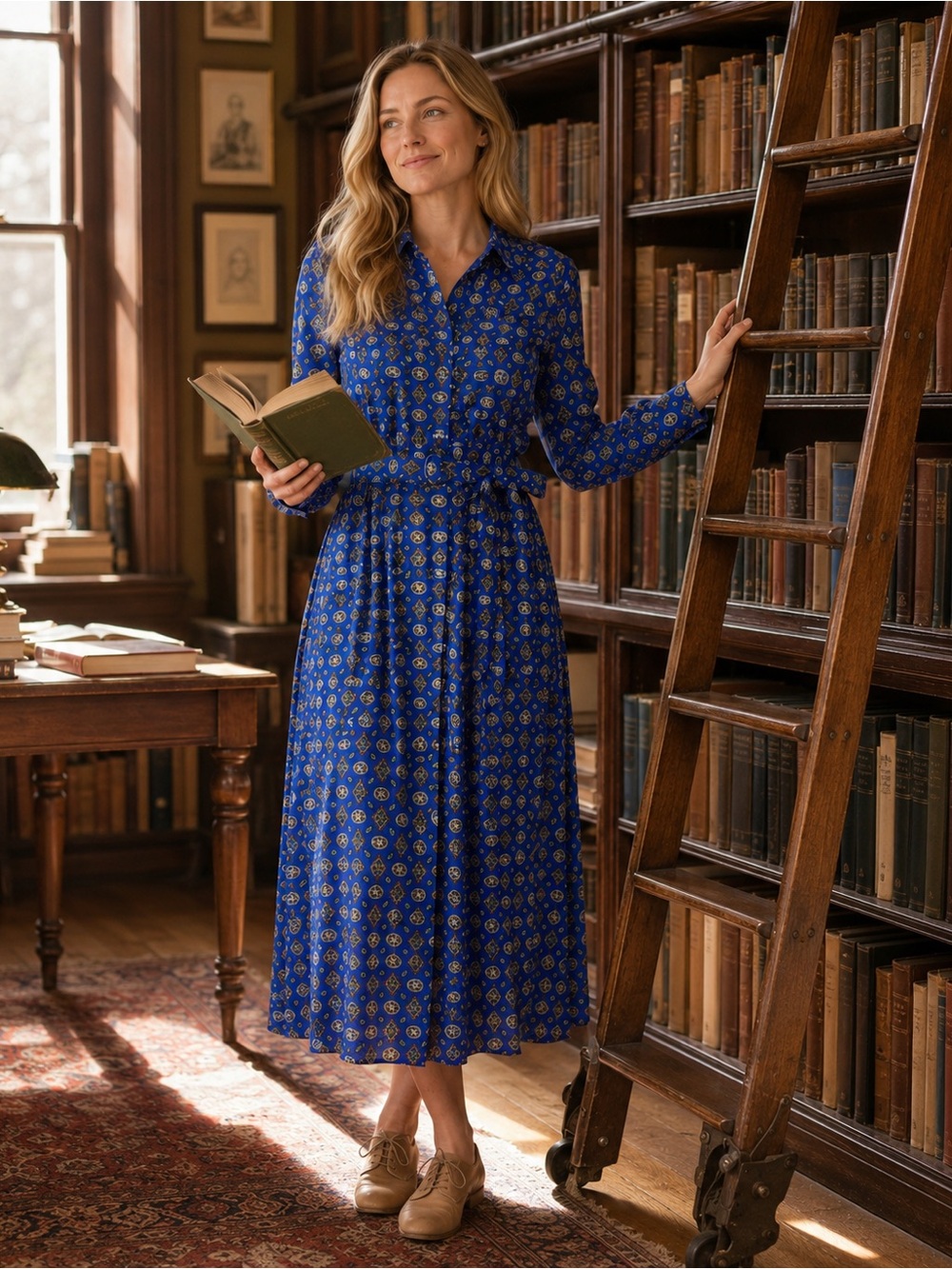 Vintage 1970s/80s Rouie 100% Rayon Blue Patterned Midi Shirt Dres
